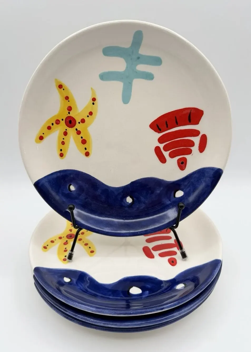 Gaetano California Pottery Beach Theme Salad Plates 8” Starfish Fish Ocean 4pc